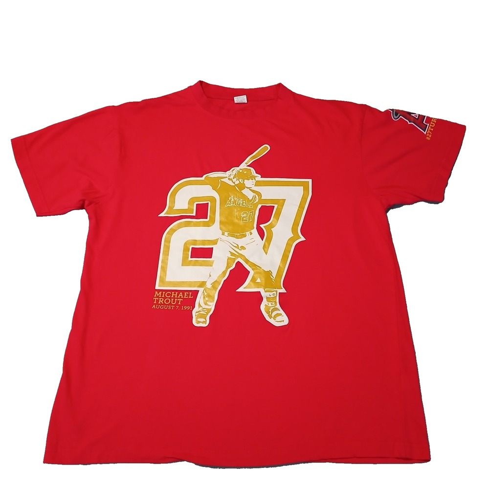 MIKE TROUT‎ T-Shirt Red Short Sleeve XL Michael #27Turns27 Angels 1991 Vintage